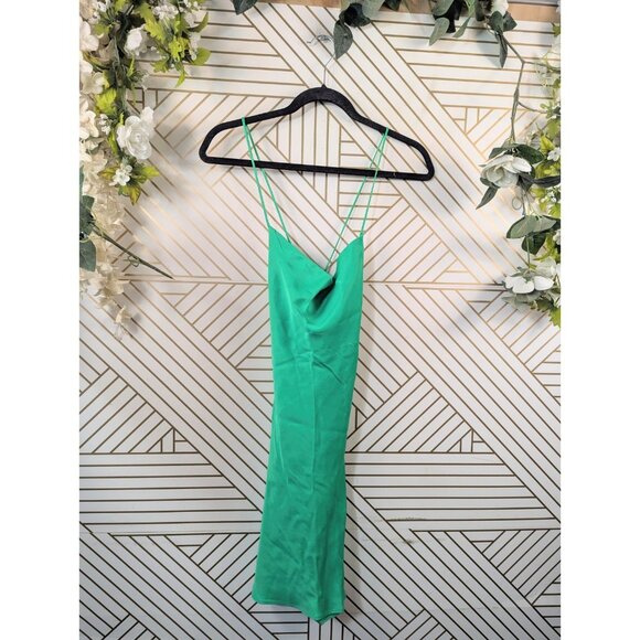 Zara Green Satin Effect Slip Mini Dress Cowl Neck Crisscross Straps Size Medium - Picture 2 of 6